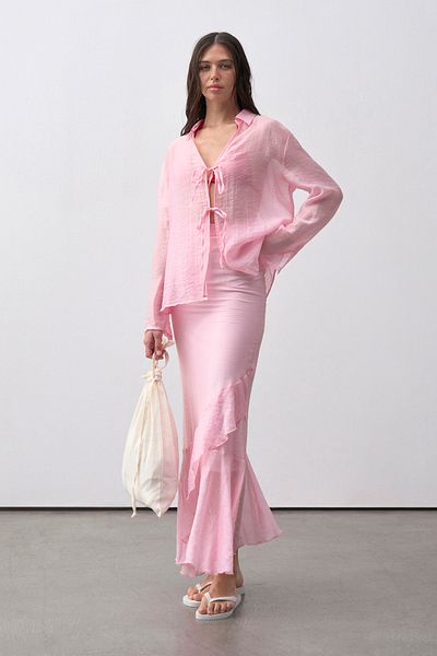 mathilda store Women's Pink Chiffon Blouse Skirt Set