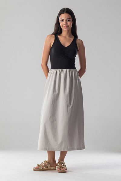 Mood Lab V-Neck Top Stretchy Viscose Bottom Wide Poplin Woven Sleeveless Black Dress