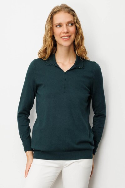 Desen Triko Women's Polo Neck Embroidery Embroidered Ligral Blouse Green