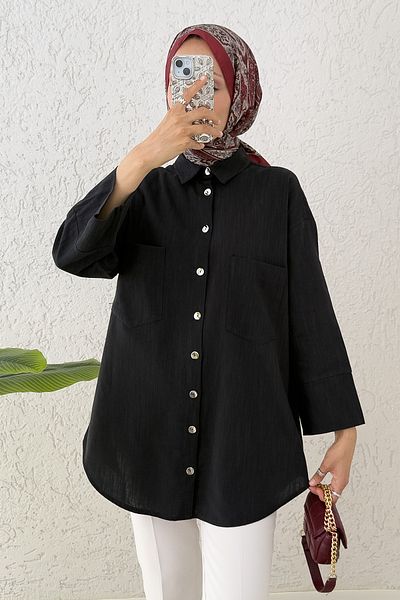 Salih Çelebi Cămașă cu buzunar cu mânecă kimono 2344 - NEGRU