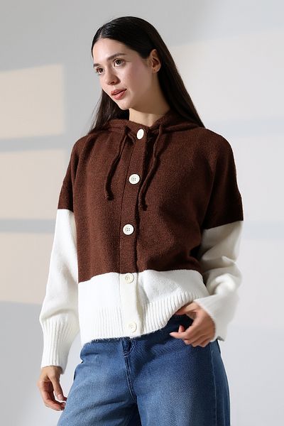 ALCHON V-Neck Hooded Lace-Up Long Sleeve Two-Color Panel Button Soft Texture Design Stylish Knitwear Cardigan