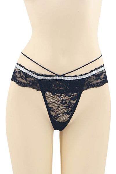 OEM Sexy thong panties for women with contrasting lace and shiny band, DZK-2173