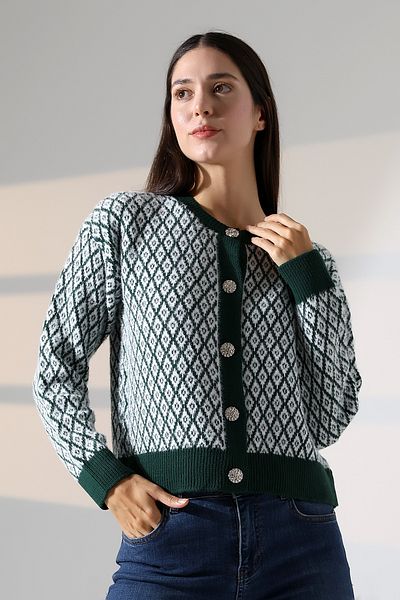 ALCHON Round Neck Long Sleeve Buttoned Diamond Jacquard Patterned Furry Soft Textured Knitwear Cardigan
