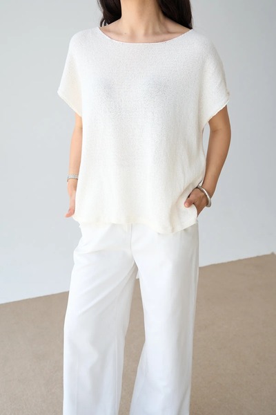 solena sln Women's New Season Boat Neck Low Sleeve Linen Knitted Sweater Blouse