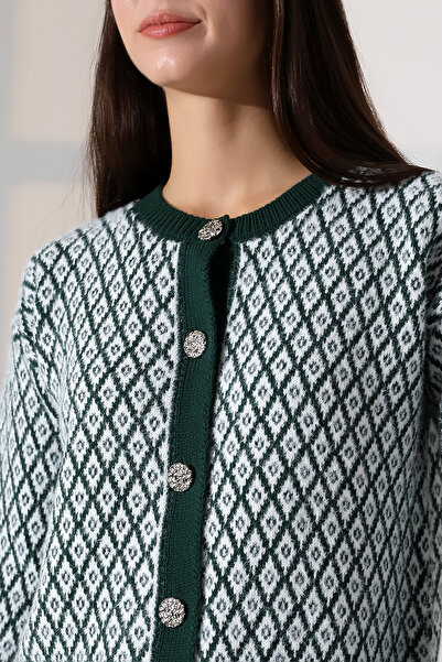 ALCHON Round Neck Long Sleeve Buttoned Diamond Jacquard Patterned Furry Soft Textured Knitwear Cardigan