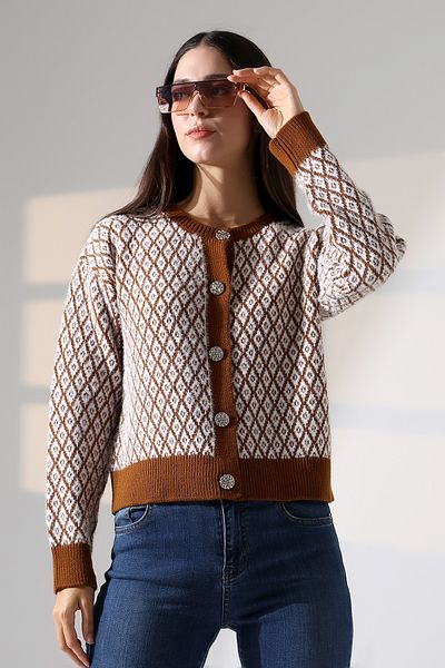 ALCHON Round Neck Long Sleeve Buttoned Diamond Jacquard Patterned Furry Soft Textured Knitwear Cardigan
