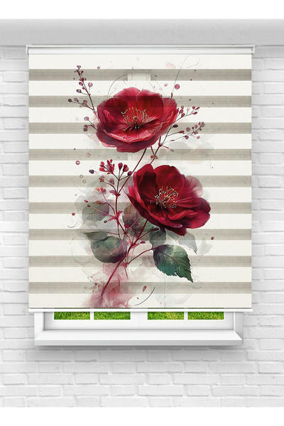 Ay Işığım Kırmızı Çiçek Desenli Zebra Stor Perde - Zarif Salon ve Mutfak Perdesi