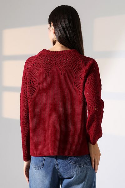 ALCHON Round Neck Long Sleeve Openwork Hollowed Rice Knit Simple Elegant Basic Knitwear Sweater