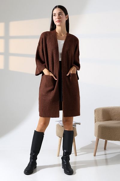 ALCHON V-Neck Ribbed Selanchik Knitted Double Pocket Half 3/4 Sleeve Midi Length Winter Knitwear Cardigan