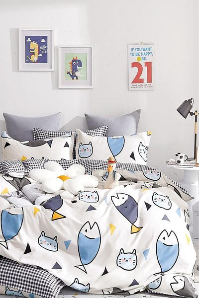 İQON Fitted Sheet Duvet Cover Set Single Crazy Fish White