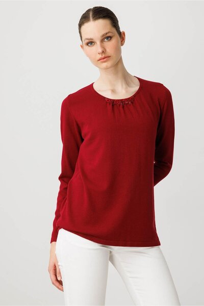 Desen Triko Women's O-Neck Lace Flower Embroidered Ligral Blouse V. Rot