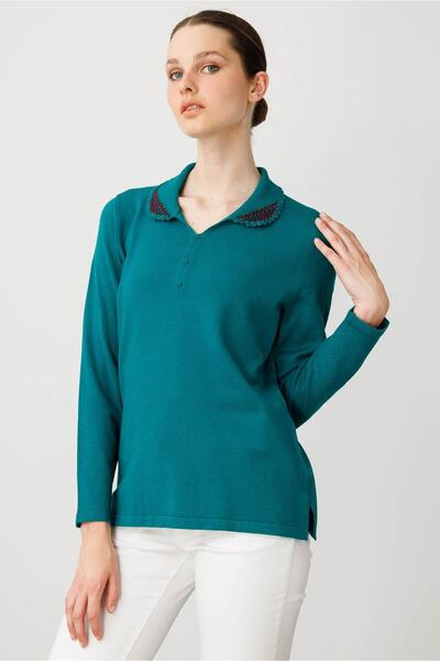 Desen Triko Women's Polo Neck Lycra Cotton Blouse Prehistoric