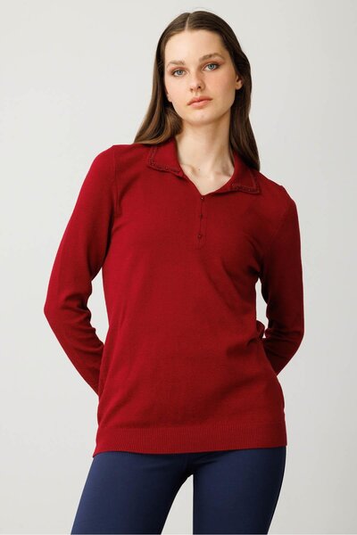 Desen Triko Women's Polo Neck Embroidered Ligral Blouse Cherry
