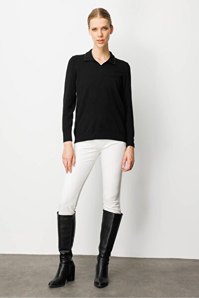 Desen Triko Women's Polo Neck Embroidery Embroidered Ligral Blouse Black