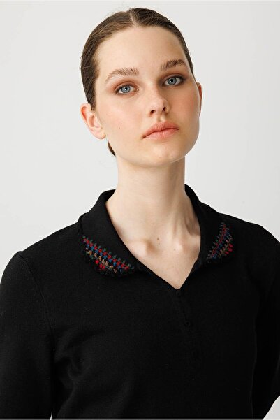 Desen Triko Women's Polo Neck Lycra Blouse Black