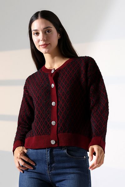 ALCHON Round Neck Long Sleeve Buttoned Diamond Jacquard Patterned Furry Soft Textured Knitwear Cardigan