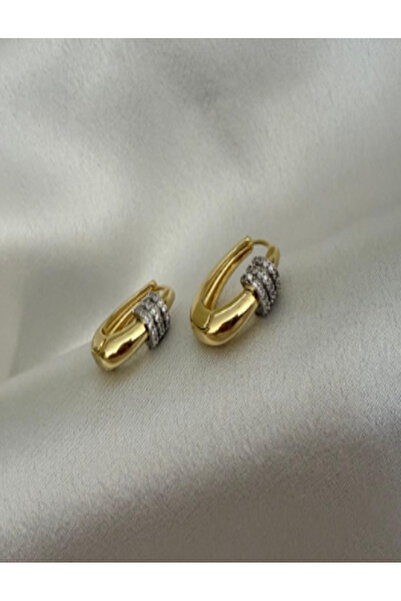 VioletTR Gold Oval Bombeli Zirkon Taş Tasarım Küpe