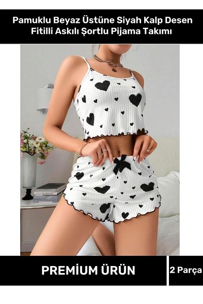 VARESSA Special Design Model 100% Cotton Patterned Stylish Elegant Flexible Comfortable Ribbed Strap Shorts Pajama Set