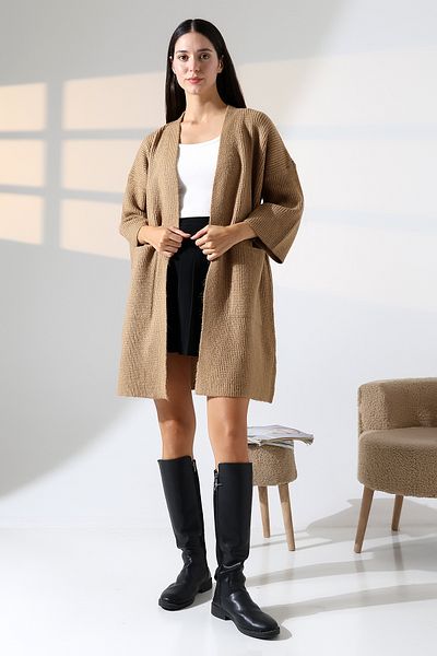 ALCHON V-Neck Ribbed Selanchik Knitted Double Pocket Half 3/4 Sleeve Midi Length Winter Knitwear Cardigan