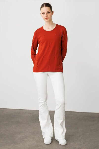 Desen Triko Women's O-Neck Front Pleated Beaded Ligral Blouse K.Kiremit