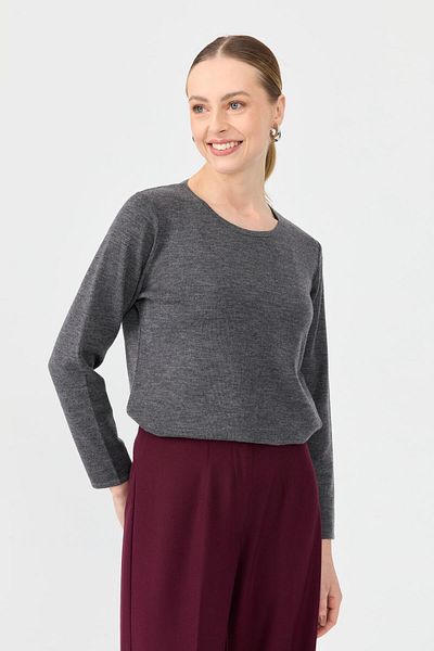 Desen Triko Women's Crew Neck Long Sleeve Basic Wool Blouse A.Smoked
