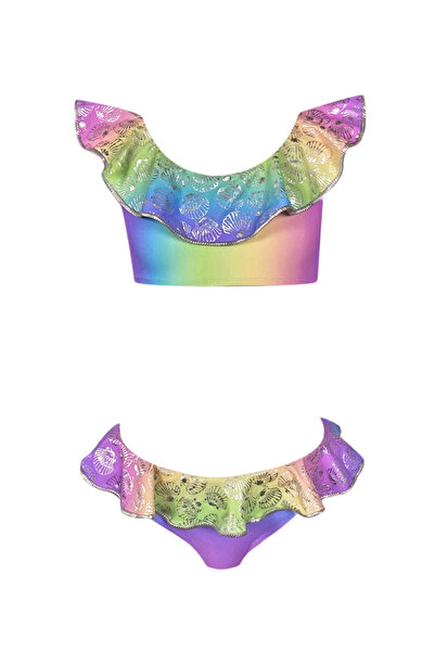 LOOK ME Kayık Yaka Parlak Dokulu Deniz Kabuğu Desenli Fırfırlı 50UV Kız Çocuk...