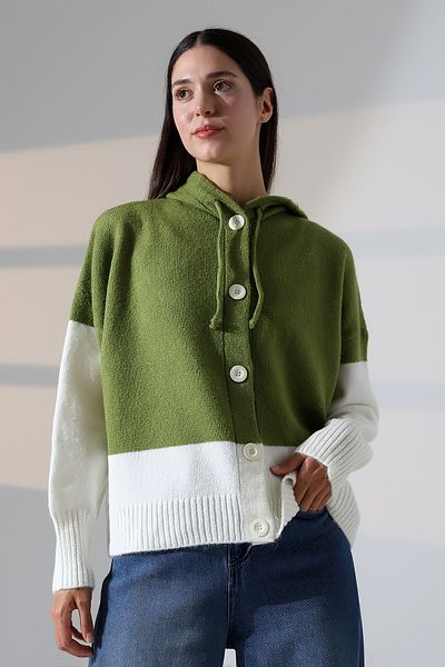 ALCHON V-Neck Hooded Lace-Up Long Sleeve Two-Color Panel Button Soft Texture Design Stylish Knitwear Cardigan