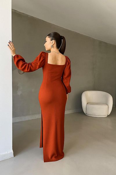 Deafox Tile Princess Sleeve Slit Detail Heart Collar Imported Crepe Fabric Long Sleeve Long Dress