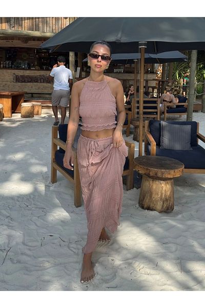 My Blog Pink Sequin Chiffon Blouse Skirt Set