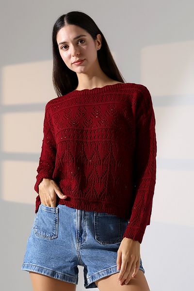 ALCHON Kayak Wide Wave Collar Long Sleeve Openwork Hollowed Out Walked Flower Pattern Spring Knitwear Sweater