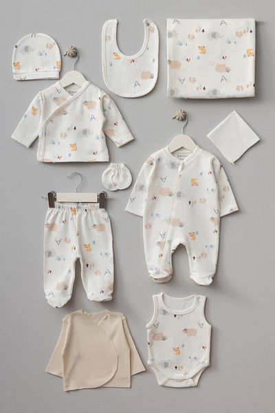 Bebitof My Baby Kumsal 100% Cotton 10 Pack Hospital Release Newborn Cute Forest Pattern Ecru 10082