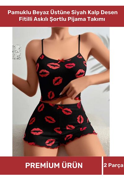 VARESSA Special Design Model 100% Cotton Patterned Ribbed Shorts Bottom Top Comfortable Light Fabric Pajama Set