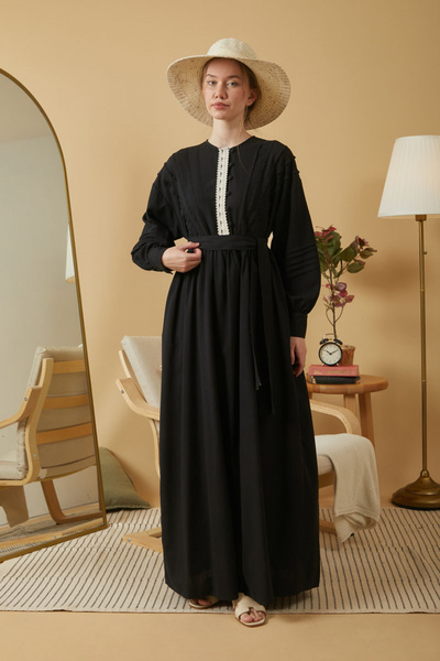 ZÜLAYS Dantelli Nervür Detaylı Elbise Siyah