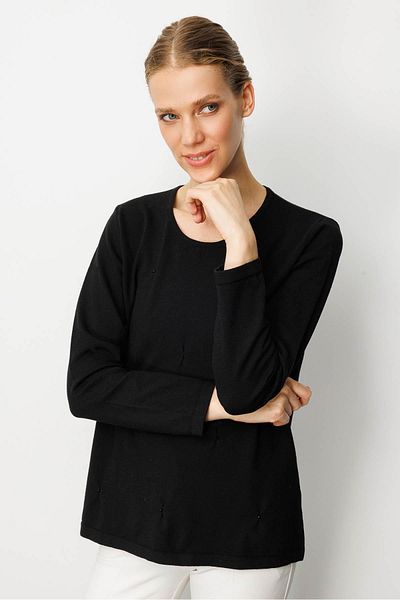 Desen Triko Women's O-Neck Front Pleated Beaded Ligral Blouse Black