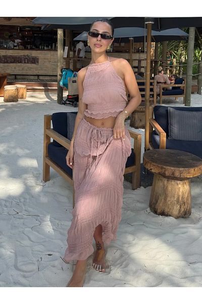 My Blog Pink Sequin Chiffon Blouse Skirt Set