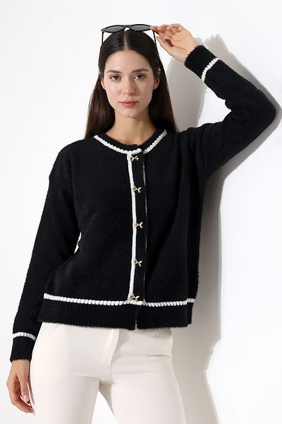 ALCHON Round Neck Long Sleeve Bow Tie Button Striped Stripe Pile Soft Textured Knitwear Cardigan