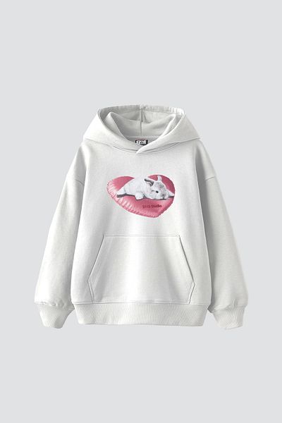 Sekizbiraltı Bunny printed Oversize Unisex Λευκό Hoodie