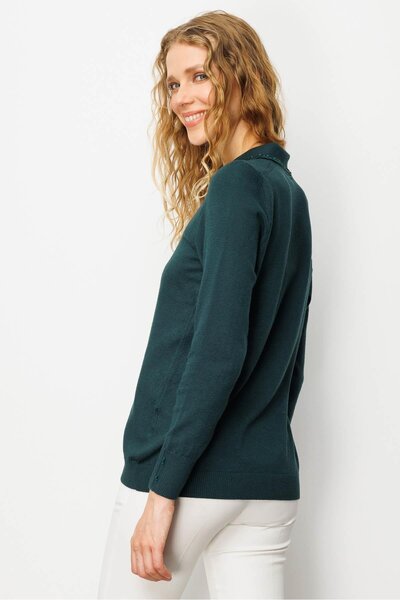 Desen Triko Women's Polo Neck Embroidery Embroidered Ligral Blouse Green