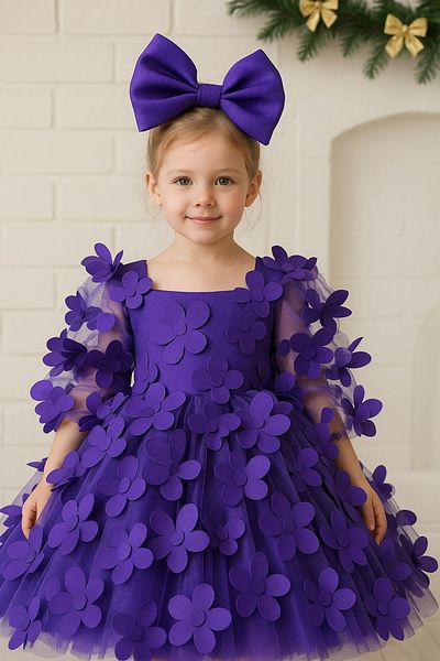 Nissa Purple Floral Patterned Girl's Dress with Piping