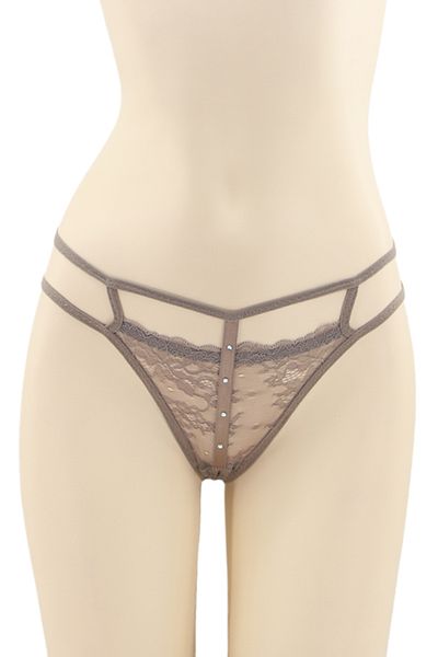 OEM Sexy thong panties with contrasting lace inserts and decorative rhinestone details, DZK-2162