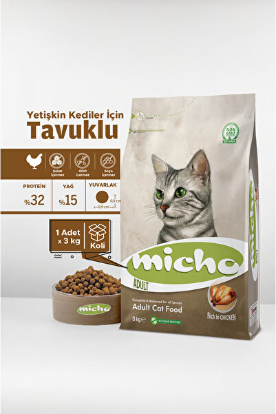 Micho Adult Cat Tavuklu Yetişkin Kedi Maması, 3 Kg, Tüm Irklar İçin, Doğal, Şeker İçermez