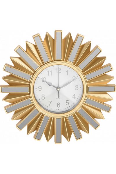 Koopman Decorative Wall Clock in Sun Shape, Golden Color with Mirror Accents, Quartz Mechanism