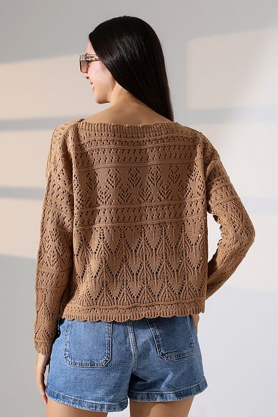ALCHON Kayak Wide Wave Collar Long Sleeve Openwork Hollowed Out Walked Flower Pattern Spring Knitwear Sweater
