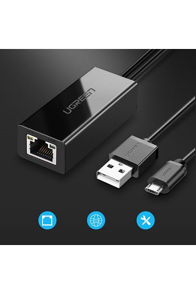 Ugreen Zewnętrzna karta sieciowa LAN micro USB 100Mbps do Chromecast 1m czarny