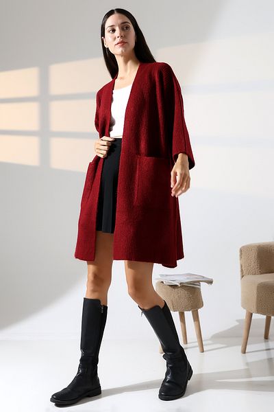 ALCHON V-Neck Ribbed Selanchik Knitted Double Pocket Half 3/4 Sleeve Midi Length Winter Knitwear Cardigan