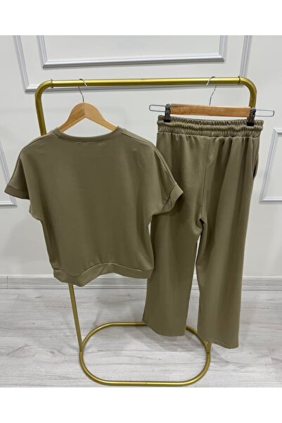 FA Butiq Women's Pique Wide Leg Short Sleeve Khaki Sweatpants Set