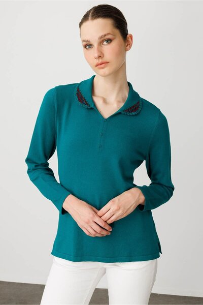 Desen Triko Women's Polo Neck Lycra Cotton Blouse Prehistoric