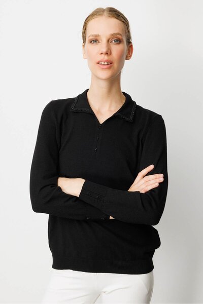 Desen Triko Women's Polo Neck Embroidery Embroidered Ligral Blouse Black