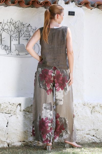 Chiccy Italian Mink V-Neck Sleeveless Patterned Buttoned Pocket Linen Woven Bottom Top Set 58-121 56-86