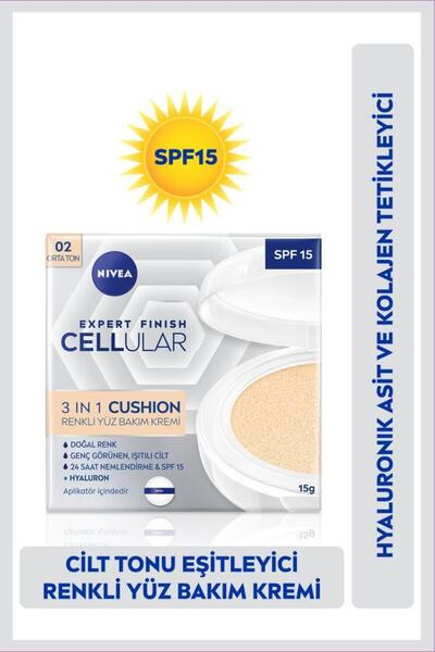 NIVEA Cellular Expert Finish Cushion Renkli Yüz Bakım Kremi 15gr, Spf15, Orta Ton, Nemlendirici, Hyaluron